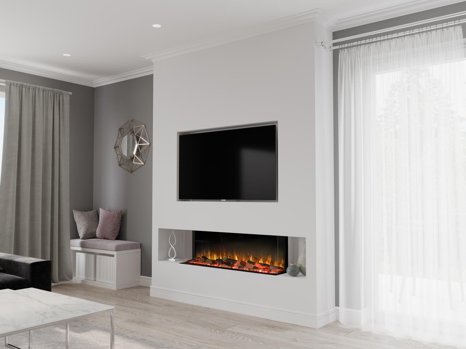 "The Firez 1250 offers the very latest state of the art 3D reflectory flame picture for ultra realism and visual impact. Fire dimensions (mm) are H 616 x W 1280 x D 333. Featuring 1, 2 or 3 sided panorama glass variations and a mixed interchangeable high definition log fuel bed as standard. Aesthetics to rival that of a real wood burning fire without the hassle. Multi-option flames, overbed and underbed lighting to create an ambiance to suit any mood."  - Media Wall -  Zebra Trades