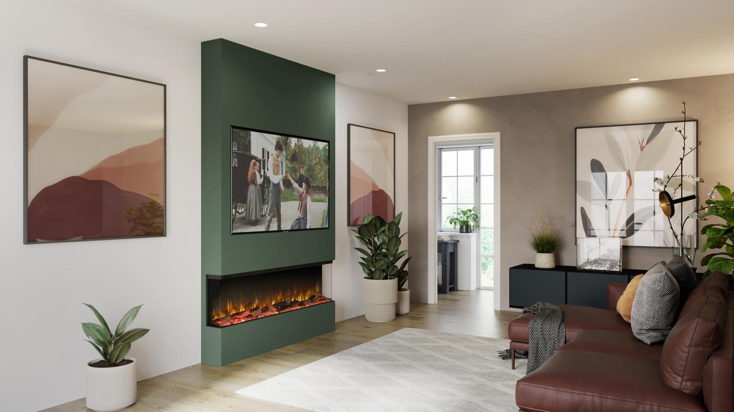 "The Firez 1250 offers the very latest state of the art 3D reflectory flame picture for ultra realism and visual impact. Fire dimensions (mm) are H 616 x W 1280 x D 333. Featuring 1, 2 or 3 sided panorama glass variations and a mixed interchangeable high definition log fuel bed as standard. Aesthetics to rival that of a real wood burning fire without the hassle. Multi-option flames, overbed and underbed lighting to create an ambiance to suit any mood."  - Media Wall -  Zebra Trades