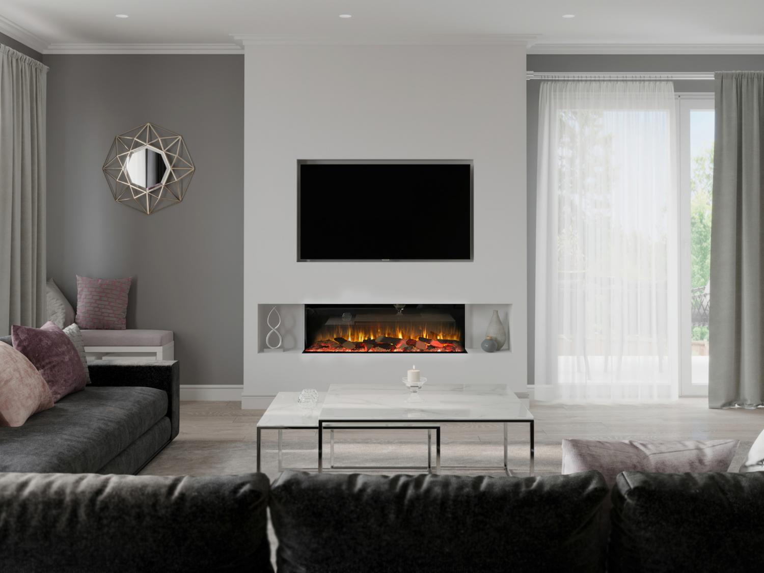 "The Firez 1250 offers the very latest state of the art 3D reflectory flame picture for ultra realism and visual impact. Fire dimensions (mm) are H 616 x W 1280 x D 333. Featuring 1, 2 or 3 sided panorama glass variations and a mixed interchangeable high definition log fuel bed as standard. Aesthetics to rival that of a real wood burning fire without the hassle. Multi-option flames, overbed and underbed lighting to create an ambiance to suit any mood."  - Media Wall -  Zebra Trades