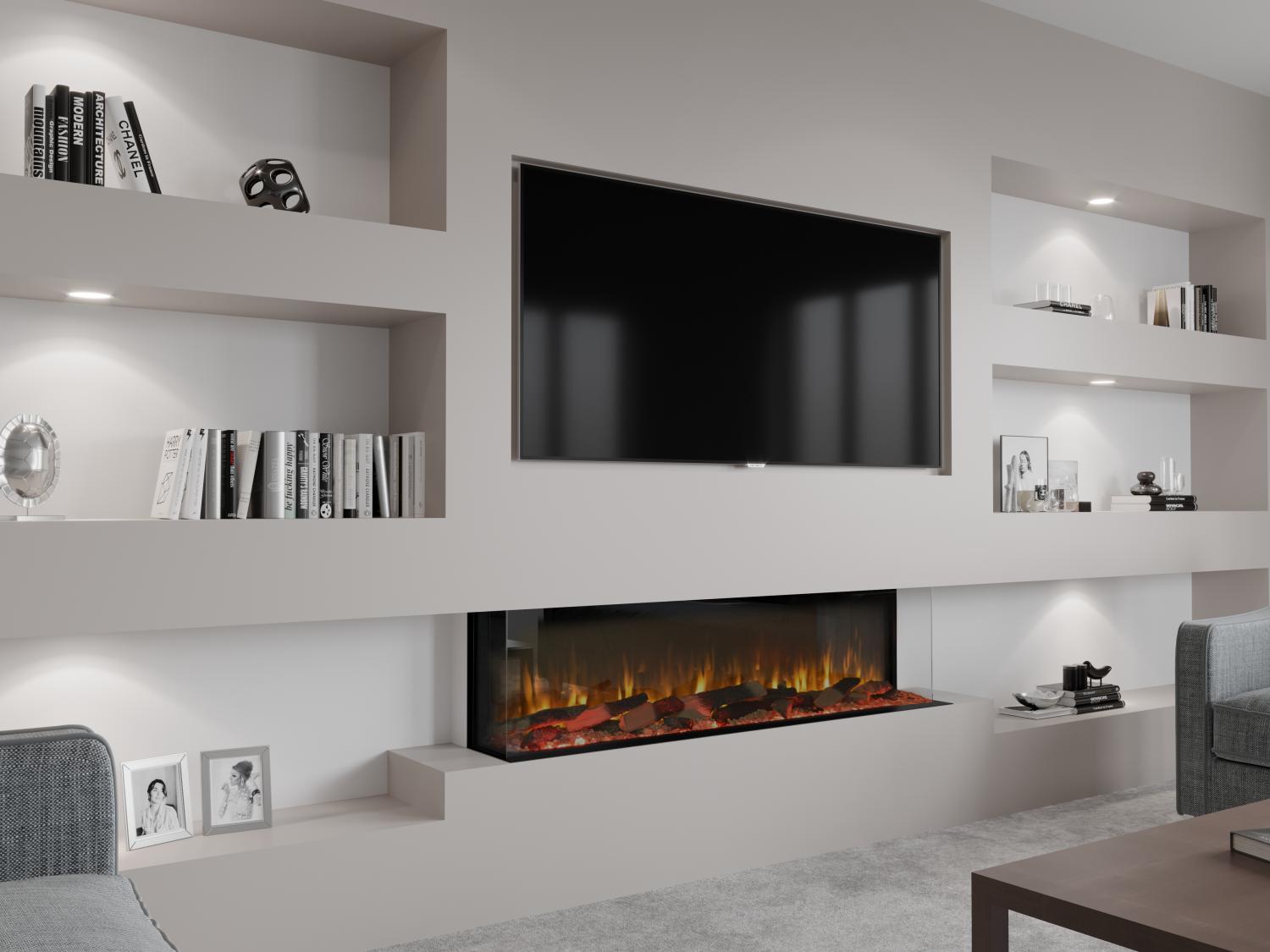 The Firez 1800 delivers a high-impact, ultra-realistic 3D flame display designed to rival the look of a genuine wood burner without the upkeep. Key Specs & Features: Dimensions: H 616mm x W 1830mm x D 333mm.  Versatile Design: Can be installed with 1, 2, or 3-sided glass views.  Custom Ambiance: Includes multi-option flames with adjustable overbed and underbed lighting.  Fuel Bed: Comes standard with high-definition woodland ceramic logs. Note: If you choose to upgrade to the Deluxe Real Logs, you will receive them in addition to the standard ceramic set.  - Media Wall -  Zebra Trades