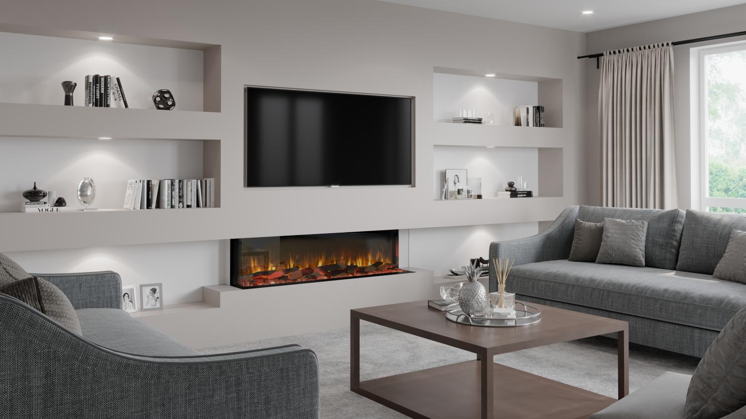 The Firez 1800 delivers a high-impact, ultra-realistic 3D flame display designed to rival the look of a genuine wood burner without the upkeep. Key Specs & Features: Dimensions: H 616mm x W 1830mm x D 333mm.  Versatile Design: Can be installed with 1, 2, or 3-sided glass views.  Custom Ambiance: Includes multi-option flames with adjustable overbed and underbed lighting.  Fuel Bed: Comes standard with high-definition woodland ceramic logs. Note: If you choose to upgrade to the Deluxe Real Logs, you will receive them in addition to the standard ceramic set.  - Media Wall -  Zebra Trades